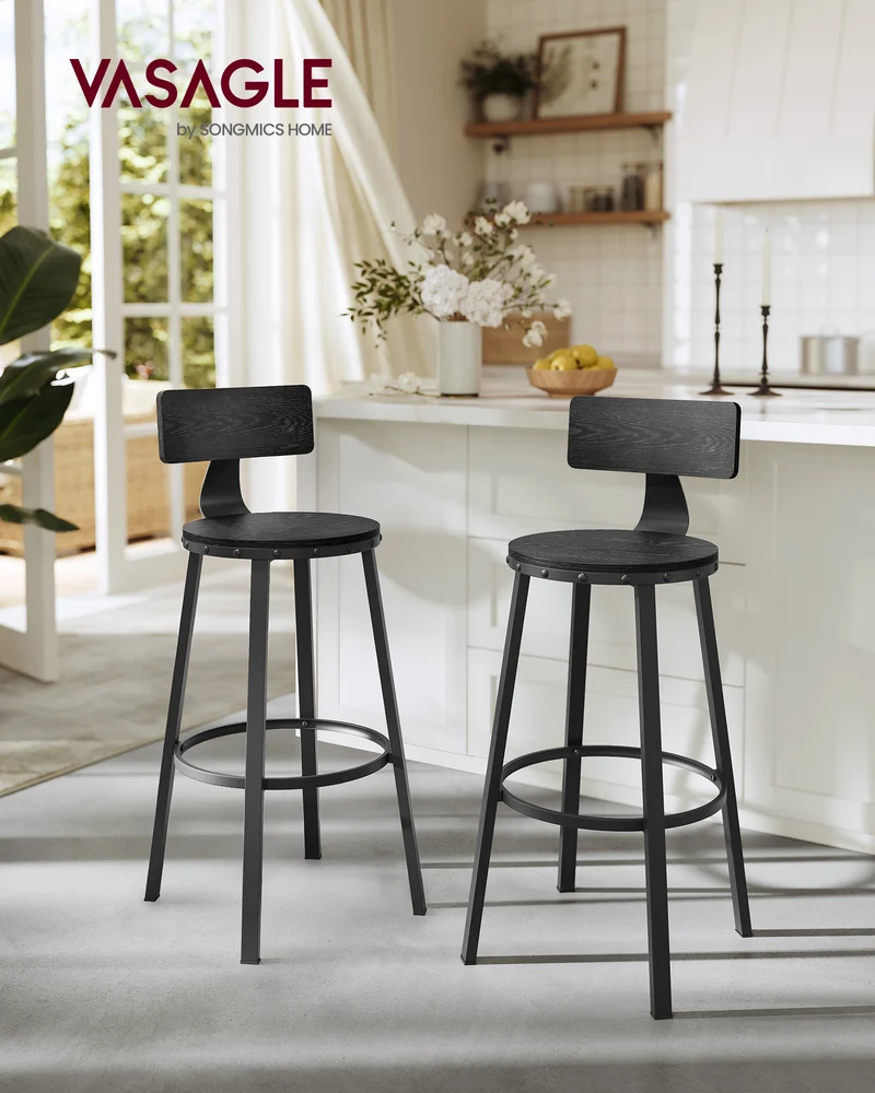 Bar Stools Set of 2, 28.7 Inch Counter Height Stools with Backrest, Steel Frame Bar Chairs for Kitchen & Dining, Easy Assembly, Black