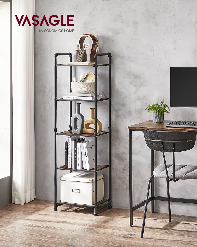 Bathroom Shelves, 5-Tier Storage Rack, Plant Flower Stand, 15.6 x 12.2 x 51 Inches, for Living Room, Balcony, Kitchen, 15.6”W, Rustic Brown + Black
