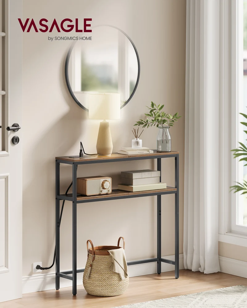 2-Tier Console Table with Power Outlet - Narrow Sofa Table with 2 Shelves, Built-in USB Ports, for Living Room/Entryway, Rustic Brown