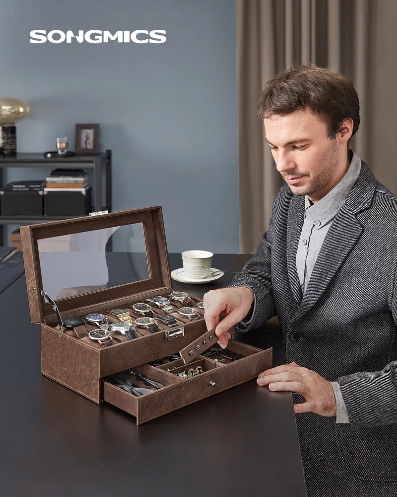Elegant 12-Slot Watch Box, Lockable Case with Glass Lid, 2 Layers, 1 Drawer for Rings, Bracelets - Gift Idea in Black Synthetic Leather