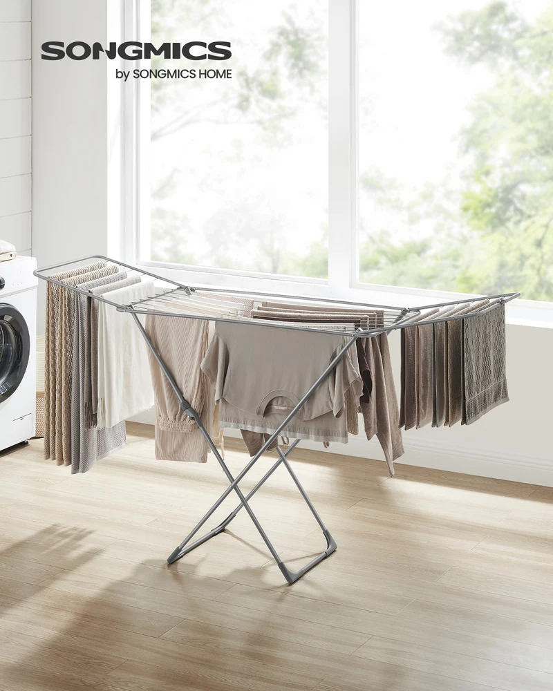 Clothes Drying Rack, Metal Laundry Drying Rack, Foldable, Space-Saving, Free-Standing Airer with Gullwings Bed Linen Clothing, Gray
