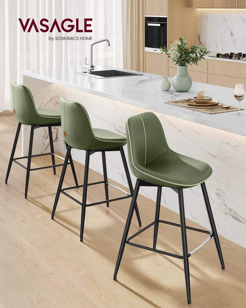 Bar Stools Set of 2, Counter Height Bar Stools with Back, Ergonomic Backrest, Synthetic Leather, Metal Legs, 24.4-Inch Tall Stools for Kitchen Island Home Bar, Forest Green