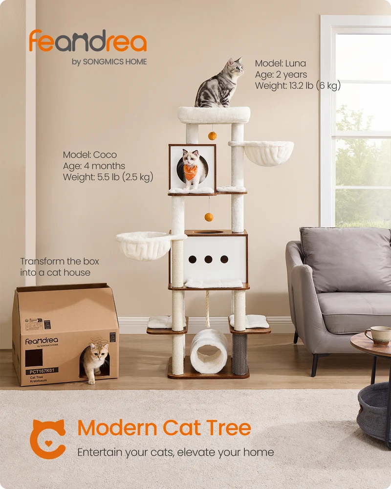 64.5-Inch Cat Tree Tall Cat Tower for Large Indoor, Multi-Level Cat Condo with 2 Caves, 2 Hammocks, 4 Scratching Posts, Cat Houses, Rustic Brown