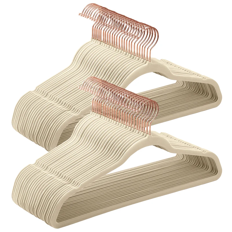 50-Pack Velvet Hangers with Rose Gold Swivel Hooks, Non-Slip Slim Hangers for Coats Dresses Pants, Sandy Beige