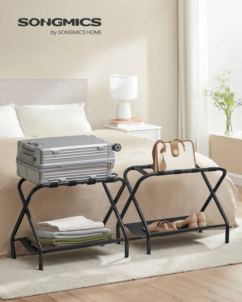 Luggage Rack with Fabric Storage Shelf, Suitcase Stands, Luggage Stand, Foldable Steel Frame, Holds up to 110 lb, 27.2 x 15 x 20.5 Inches