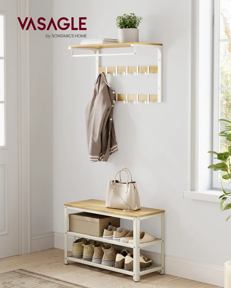 Oak Beige & Classic White 3 - Tier Shoe Rack - Shelf Storage Bench with Metal Mesh Shelves and Seat.11.8 x 28.7 x 17.7 Inches