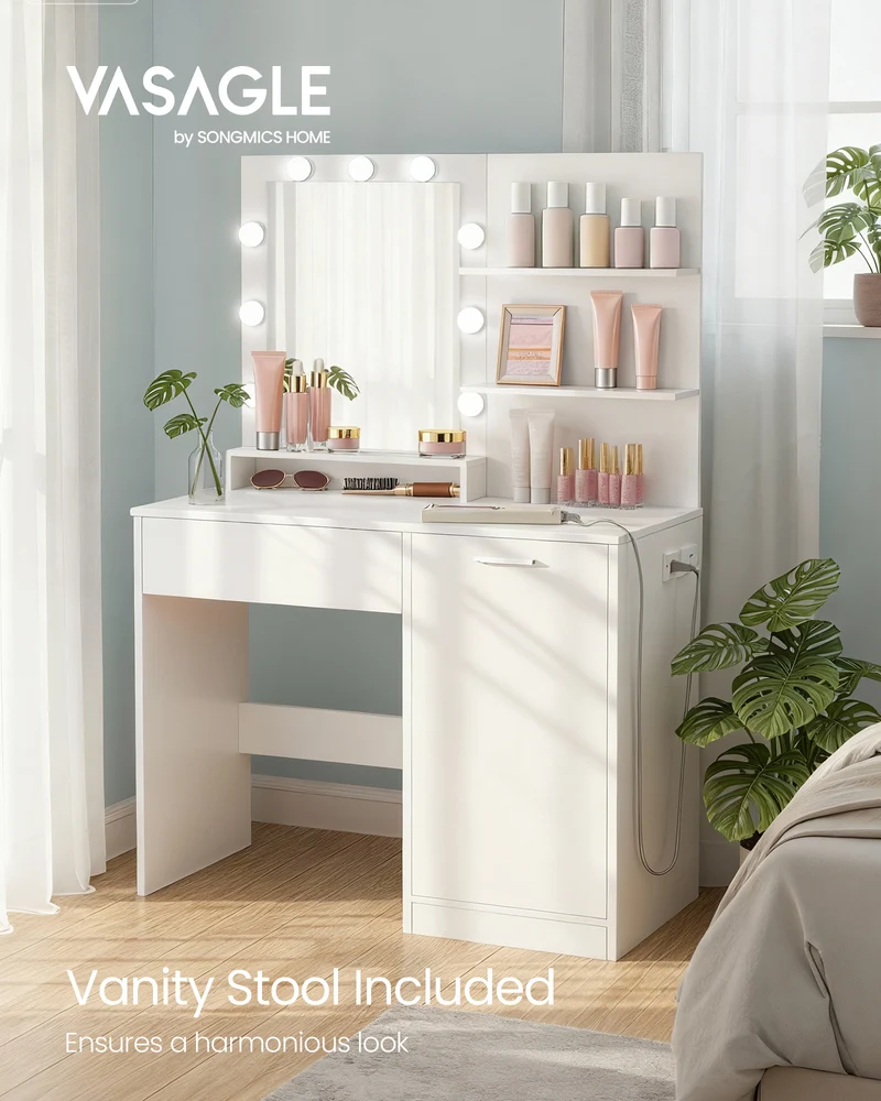 Vanity Desk with LED Mirror & Power Outlets, 35.4 Inch Makeup Table with Drawer, Cabinet & 3 Shelves, Charging Station for Bedroom, Cloud White
