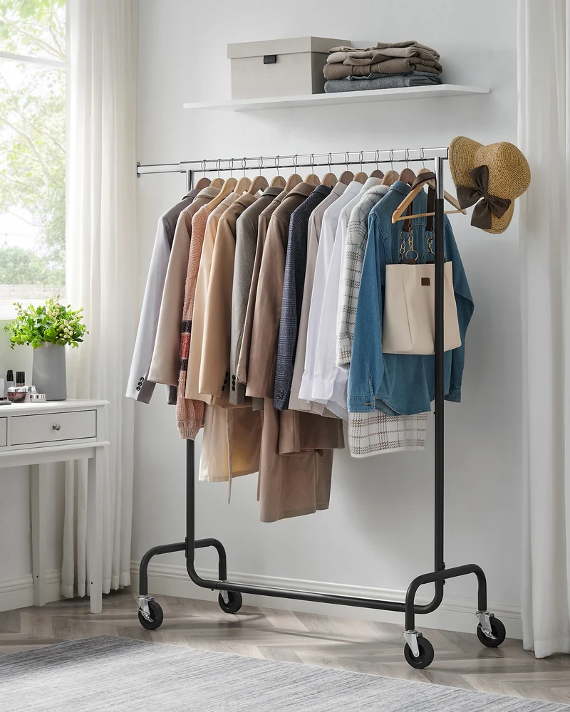 Extendable Hanging Rod Clothes Rack with Wheels Heavy-Duty Garment Rack Freestanding Clothes Rack for Hanging Clothes Black and Silver