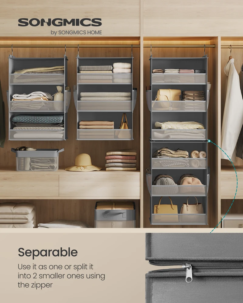 Set of 2 Hanging Closet Organizers with Bamboo Inserts, 6-Tier Separable Fabric Storage Shelves with Side Pockets, Dove Gray