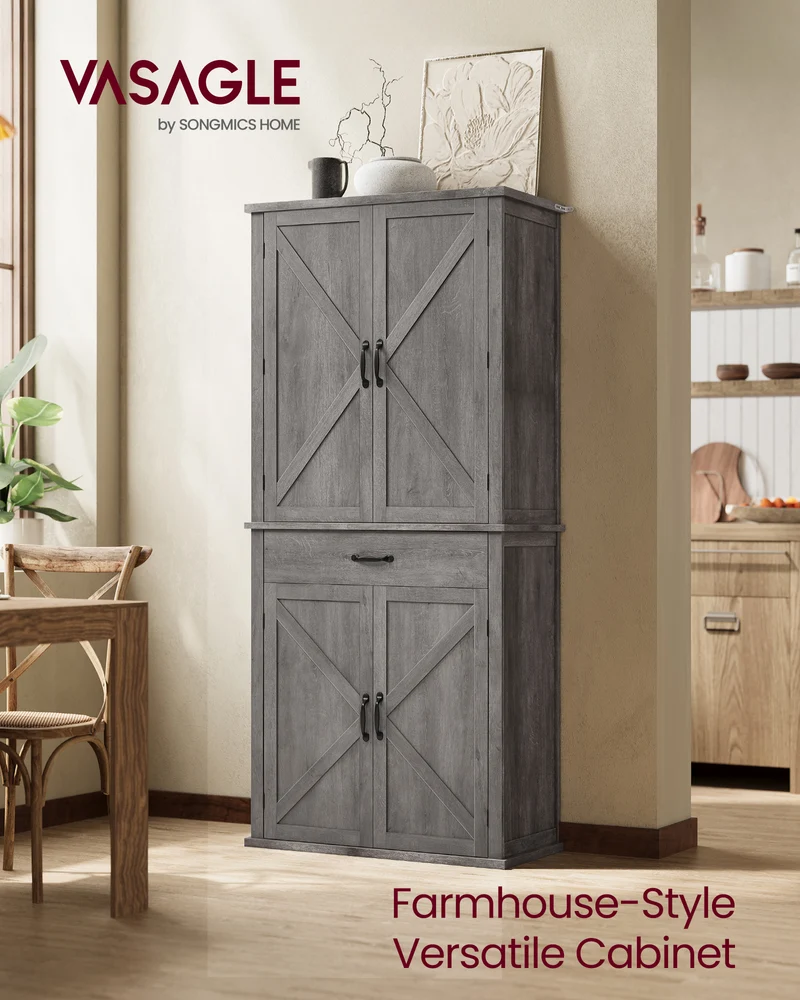 Farmhouse Pantry Cabinet, 70.3" Tall Kitchen Storage with Barn Doors, Drawer, Pull-Out Tray, Adjustable Shelves, Wall Anchor Kit, Misty Gray