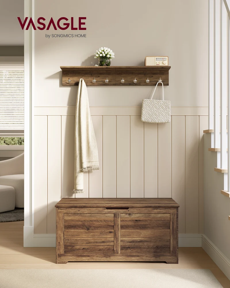 VASAGLE Farmhouse Style Storage Chest and Bench - Storage Trunk with Safety Hinges, Shoe Bench - Honey Brown, 15.7 x 39.4 x 18.1 Inches