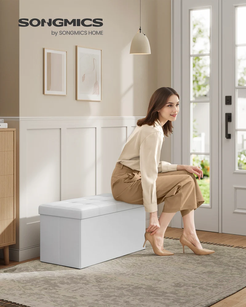 SONGMICS 30" Storage Ottoman Bench Folding Ottoman with Storage Hold up to 660lb for Living Room Bedroom White