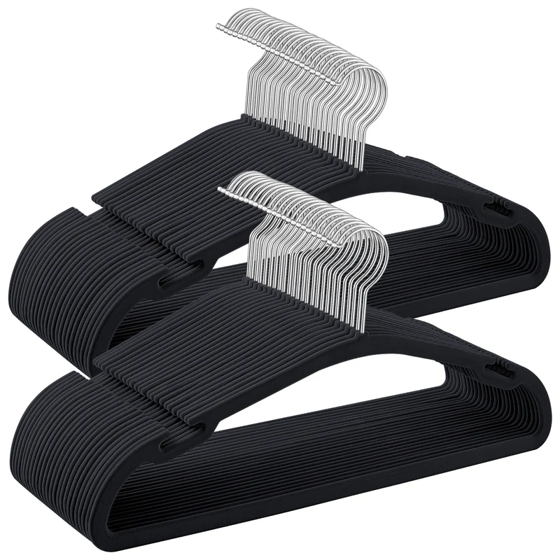 Velvet Hangers 50 Pack, Non-Slip Clothes Hangers, 17 x 8.3 Inches, Coat Hangers with Wide Shoulder Notches, Pants Bar, 360° Swivel Hook, Space-Saving, for Closet, Ink Black