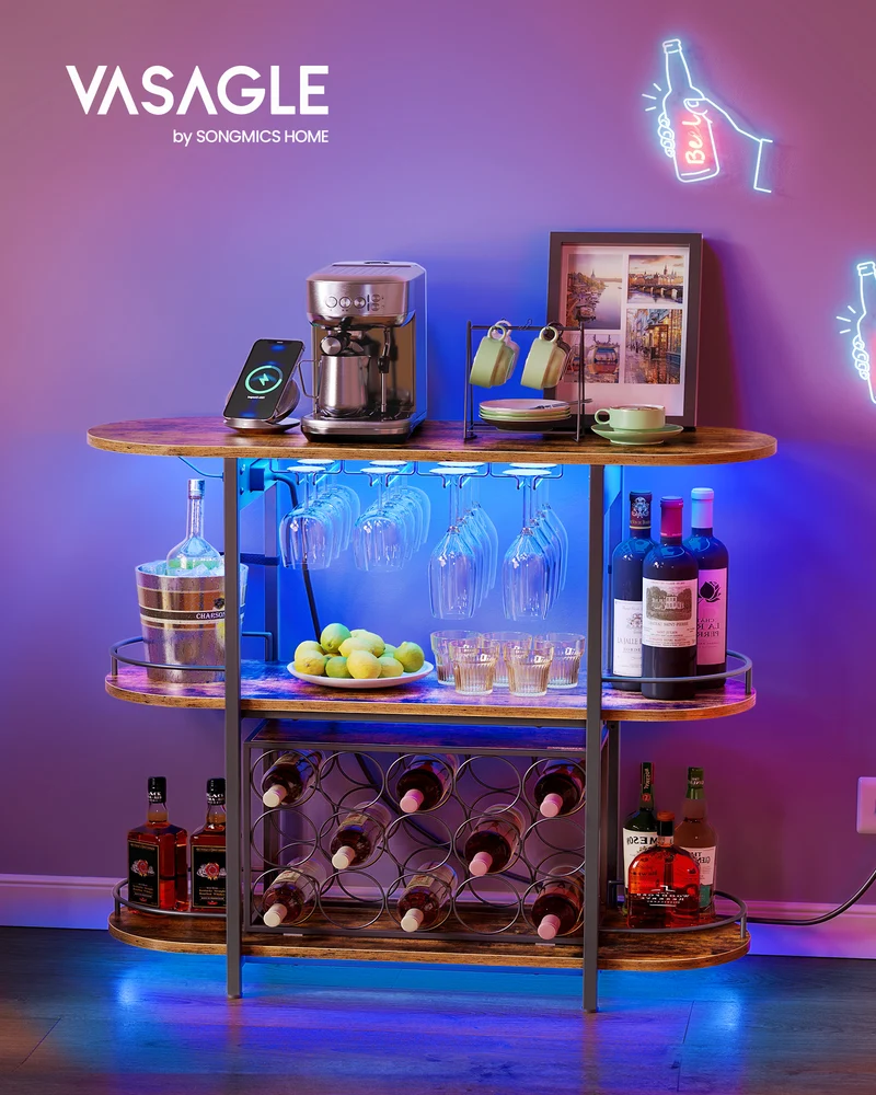 Bar Cabinets for Home, LED Coffee Bar with Power Outlets, Home Mini Bar for Liquor, Freestanding Wine Rack with Glass Holder, Kitchen, Dining Room, Rustic Brown