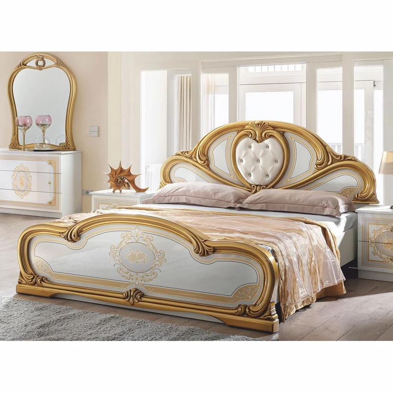 Casa Padrino Luxus Barock Doppelbett mit Glitzersteinen Weiß / Grau / Gold - Schlafzimmer Möbel