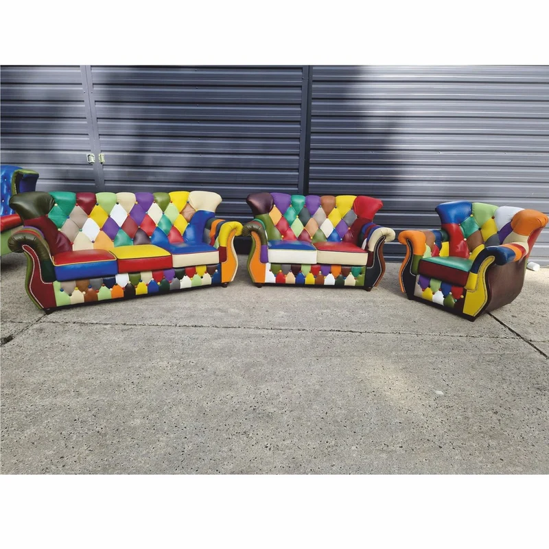 Casa Padrino Luxus Chesterfield Leder 2er Sofa Bunt / Dunkelbraun 150 cm - Patchwork Echtleder Möbel