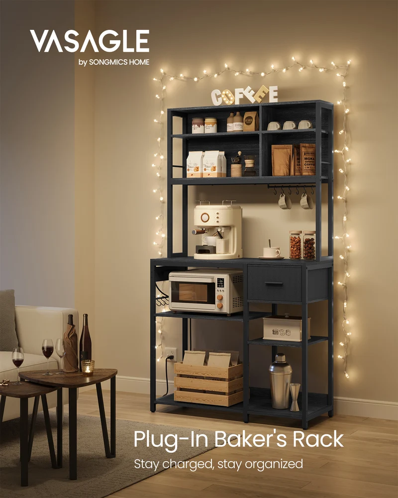 Versatile Bakers Rack with USB Charging Station, Adjustable Shelves & Fabric Drawer, 15.7x39.4x71 Inches, Charcoal Gray and Ink Black