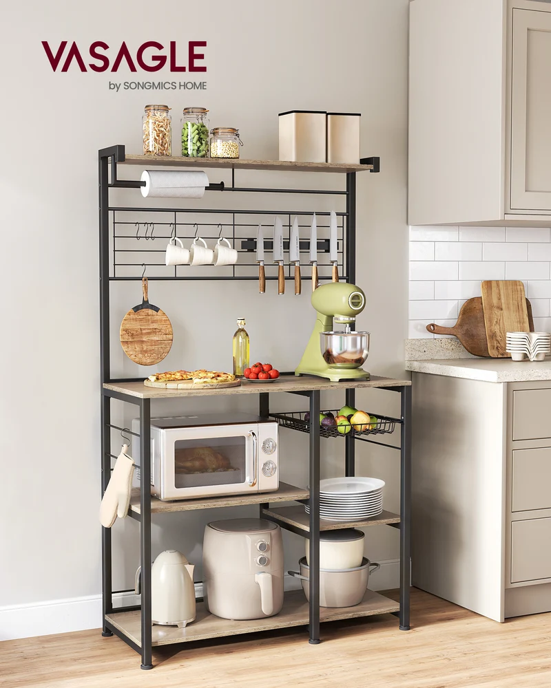 Bakers Rack with Magnetic Knife Holder, Paper Holder, Wire Basket, 8 Hooks, Greige and Black