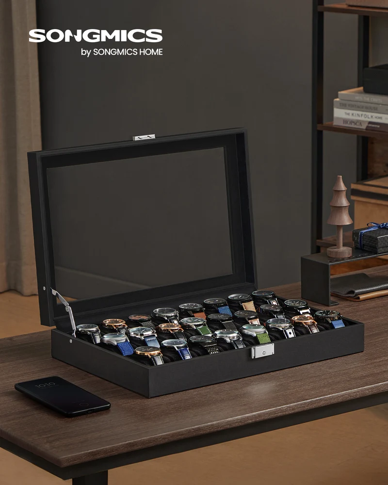 24-Slot Lockable Watch Case with Glass Lid - Premium Watch Storage Box with Removable Pillows, Gift Ready, Ink Black