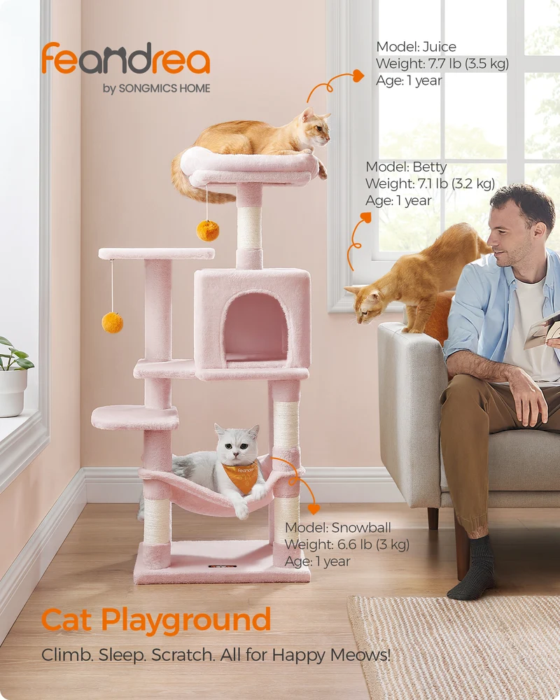 44.1' Cat Tree Tower for Indoor Cats ,Multi-Level Cat Condo Cat Furniture with Scratching Posts, Perches, Hammock, Cave ,Jelly Pink