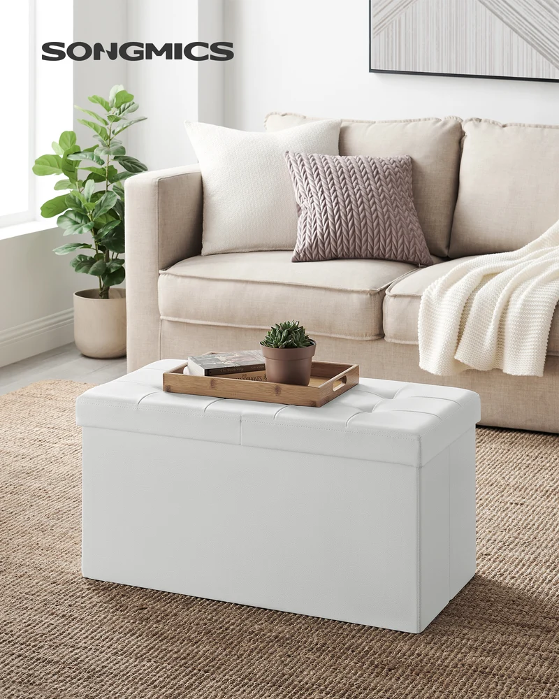 SONGMICS Folding Storage Ottoman, Storage Bench, Footrest Stool, 15 x 30 x 15 Inches, for Entryway, Living Room, Bedroom, White