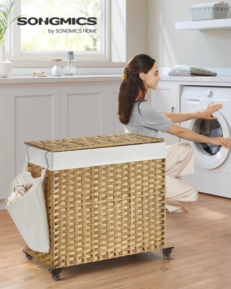 140L (37 Gallon) Rolling Laundry Hamper with Lid, 3-Section Synthetic Rattan Laundry Basket Storage with Removable Liner, 26x13x26 Inches