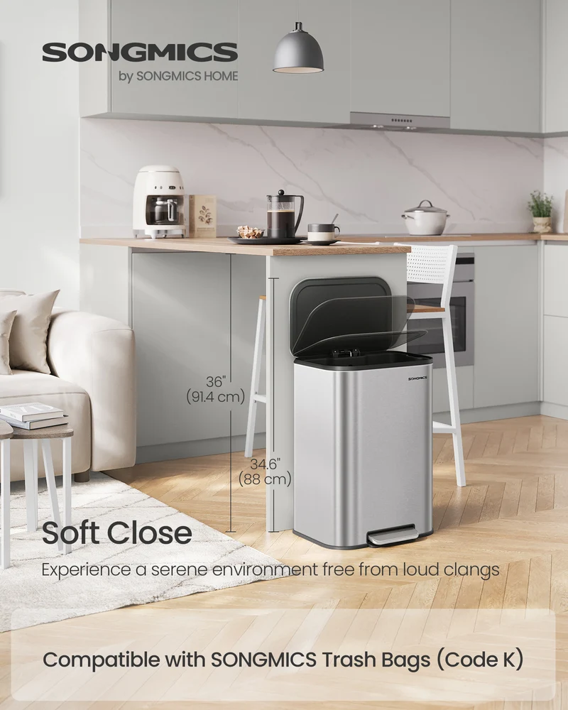 13-Gallon (50 L) Stainless Steel Kitchen Trash Can with Lid. Features soft close & stays open function, wide non - slip pedal, inner bucket.