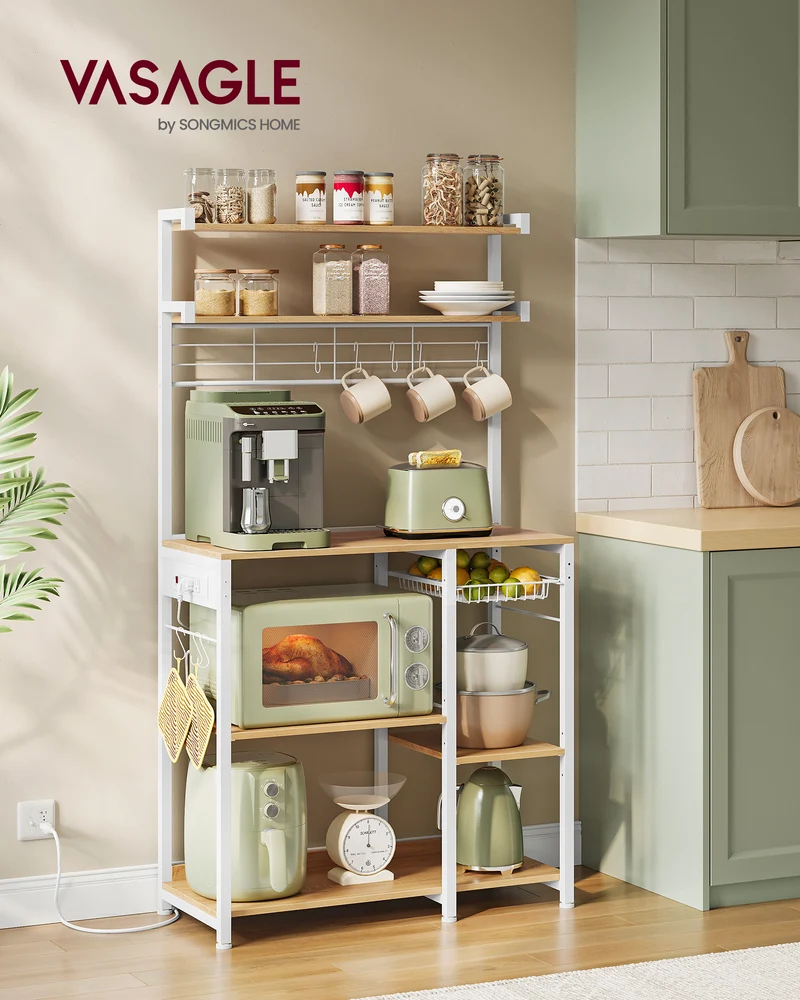 Bakers Rack with Power Outlet, 35.4 Inches Microwave Stand, Coffee Bar, 4 AC Outlets, with Adjustable Shelves, 8 S-Hooks, Basket, Spice Racks, Golden Oak and Cloud White