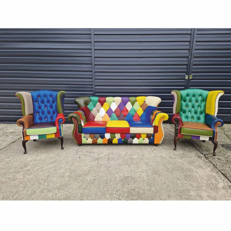 Casa Padrino Luxus Chesterfield Ohrensessel Grün / Bunt / Dunkelbraun - Patchwork Echtleder Möbel