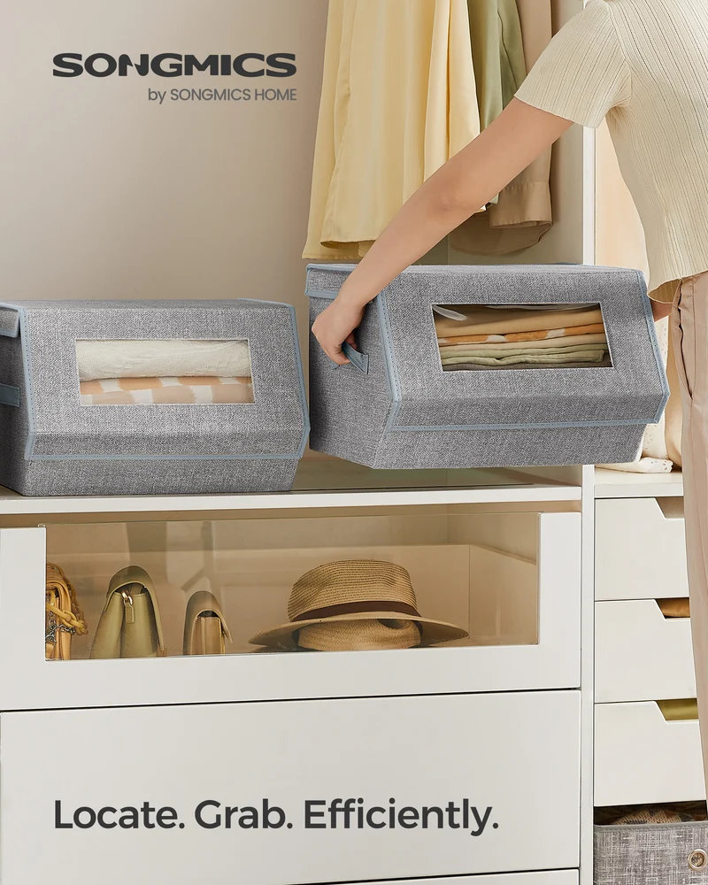 SONGMICS Set of 2 Stackable Storage Bins Fabric Storage Boxes Closet Organizers with Lids and Front Windows Dove Gray