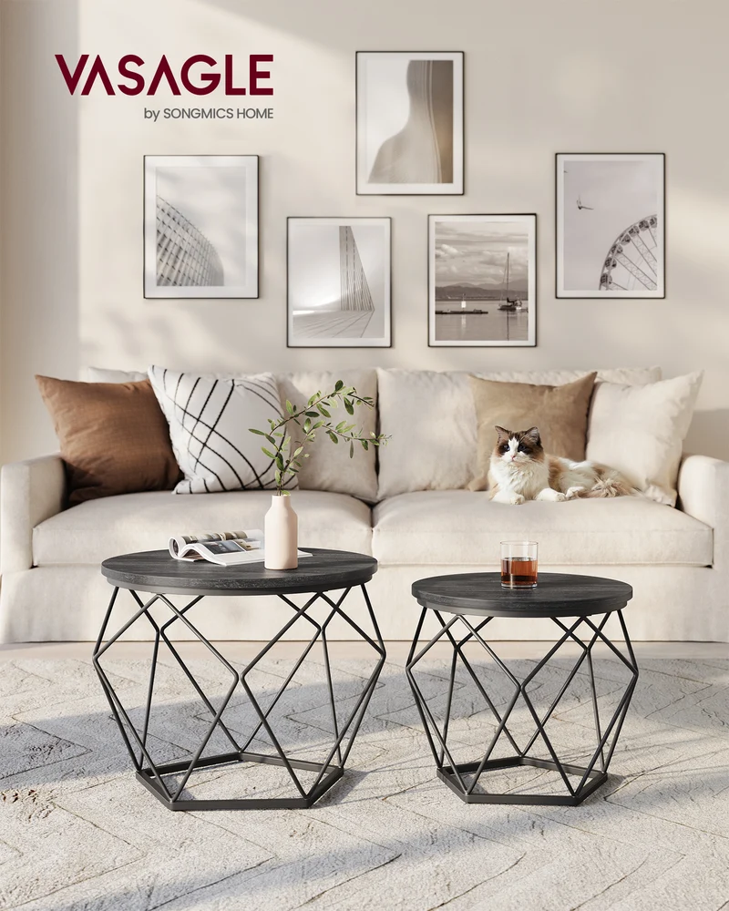 VASAGLE Small Round Coffee Table Set of 2 Side End Table with Steel Frame Charcoal Gray and Ink Black