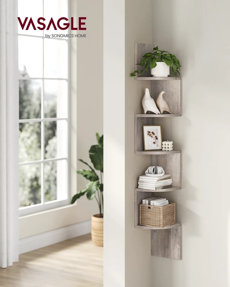 Corner Shelf Wall Mount 5-Tier Floating Corner Bookshelf Plant Shelf for Bedroom Living Room Bathroom Home Office Heather Greige