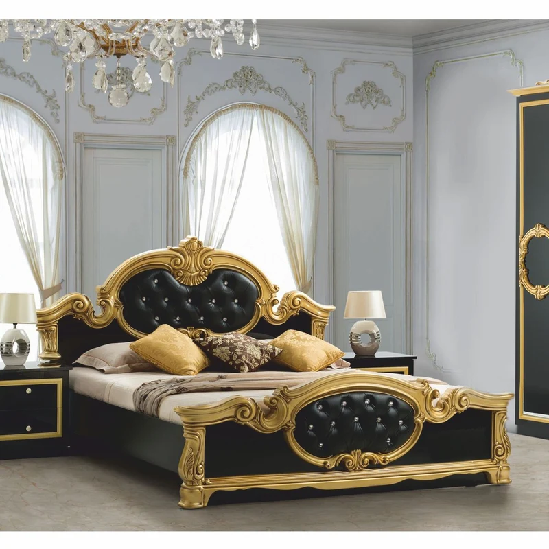 Casa Padrino Luxus Barock Doppelbett mit Glitzersteinen Schwarz / Gold - Schlafzimmer Möbel