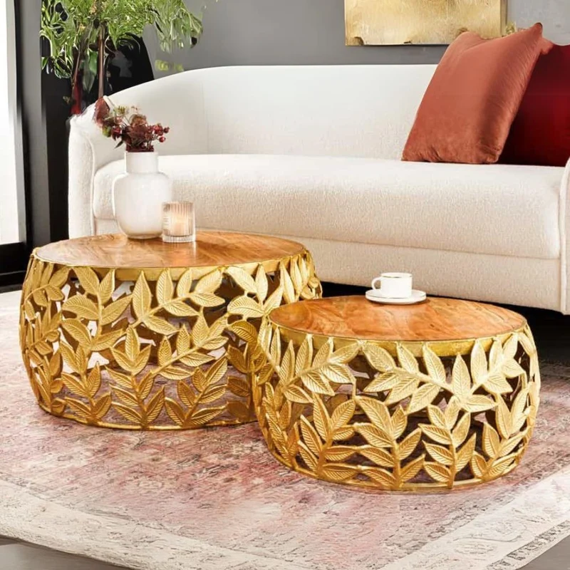 Extravagantes Couchtisch-Set RIXOS-Leaf ca.70cm Metall Akazie