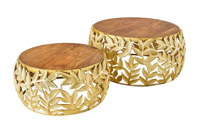 Extravagantes Couchtisch-Set RIXOS-Leaf ca.70cm Metall Akazie