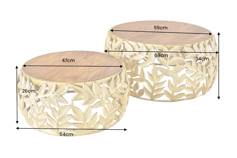 Extravagantes Couchtisch-Set RIXOS-Leaf ca.70cm Metall Akazie