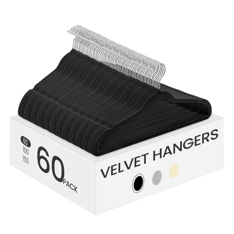 Velvet Hangers 60 Pack, Non-Slip Clothes Hangers with Silver-Colored Swivel Hooks, Slim Space-Saving for Closet, Heavy-Duty, Black