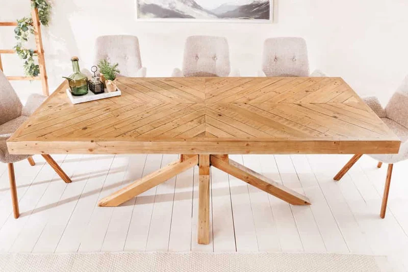 Massiver Esstisch BANDA 160cm natur recycelte Pinie Mikado-Gestell