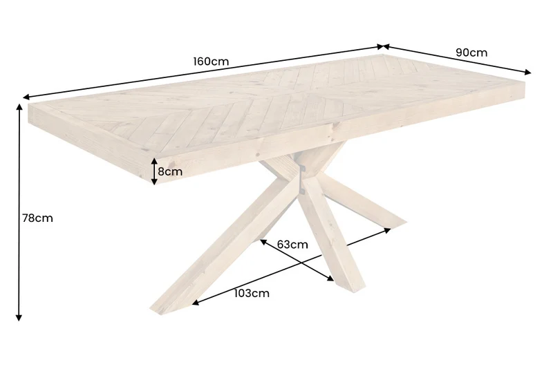 Massiver Esstisch BANDA 160cm natur recycelte Pinie Mikado-Gestell