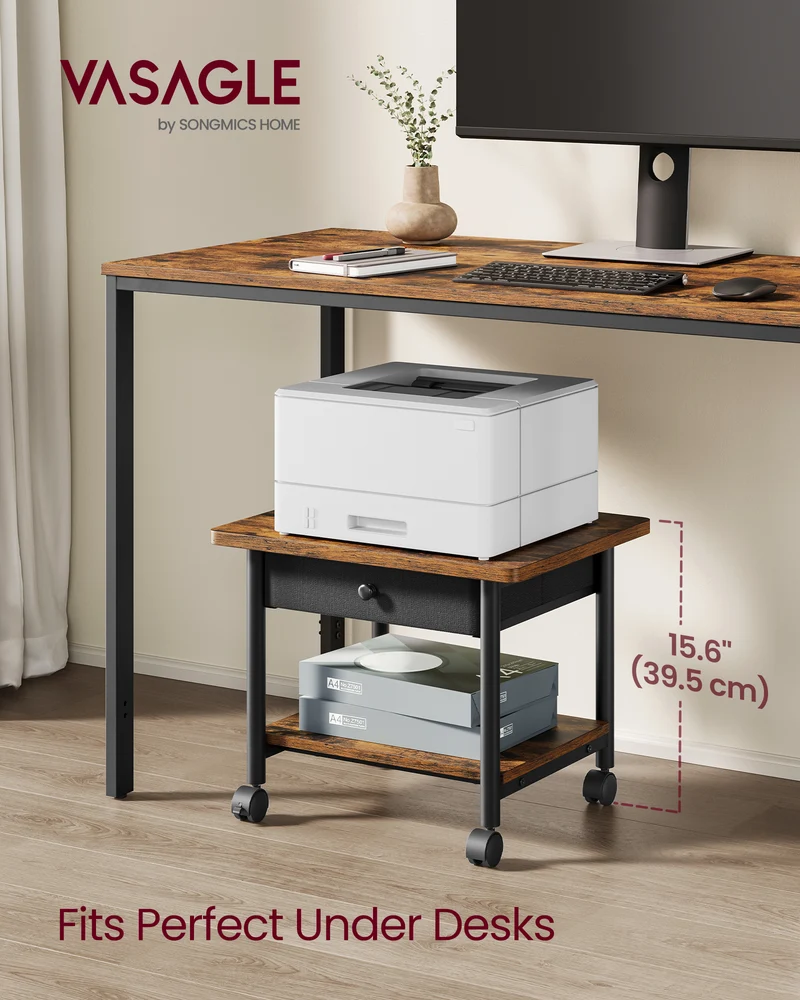 VASAGLE Printer Stand, Under Desk Printer Stand with Wheels, Drawer with Divider, Bottom Shelf, Rustic Brown and Ink Black