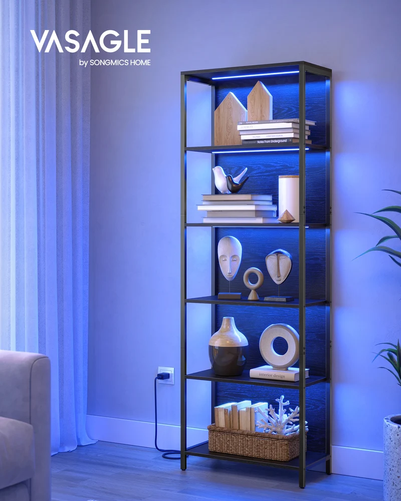 6-Tier LED Bookshelf, Display Shelf with Dimmable Lights, LED Bookcase with Steel Frame, 11.9 x 23.6 x 70.3 Inches, Black with Wood Grain