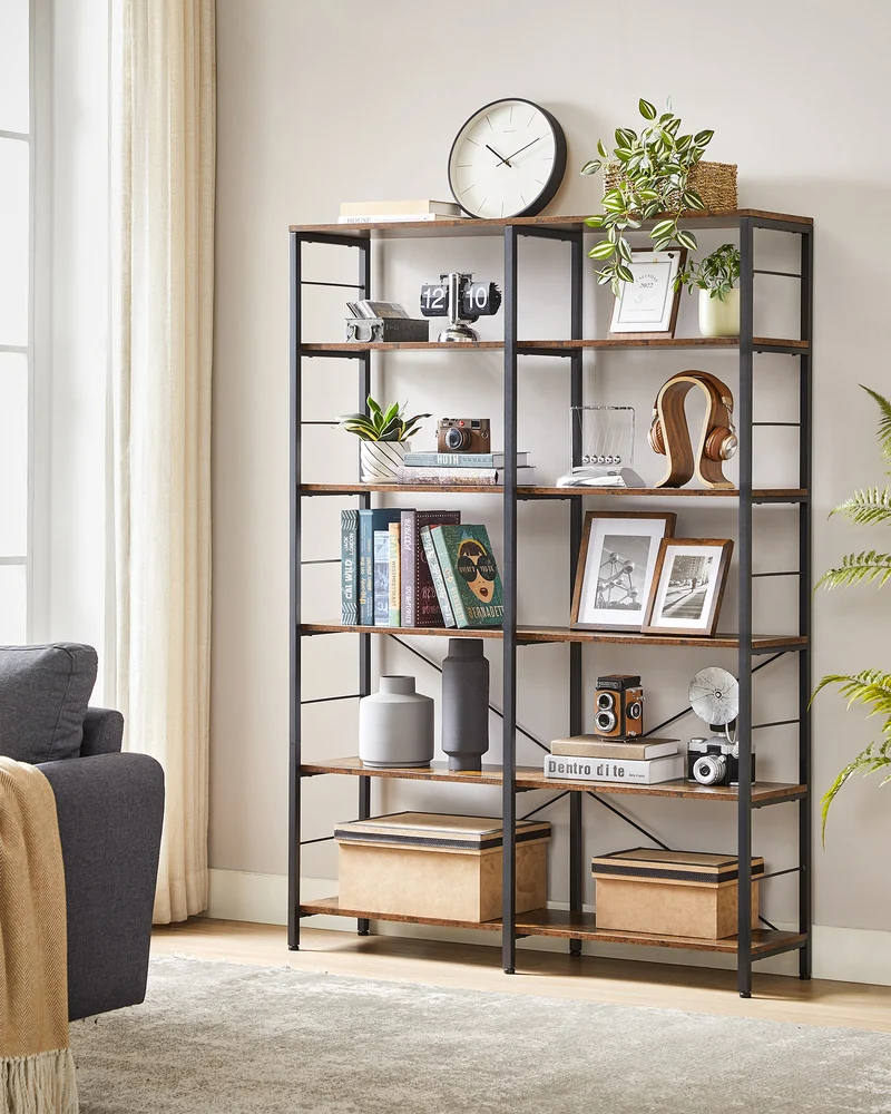 VASAGLE 6-Tier Tall Bookshelf, Bookcase, Large Metal Shelf, Rustic Brown and Black