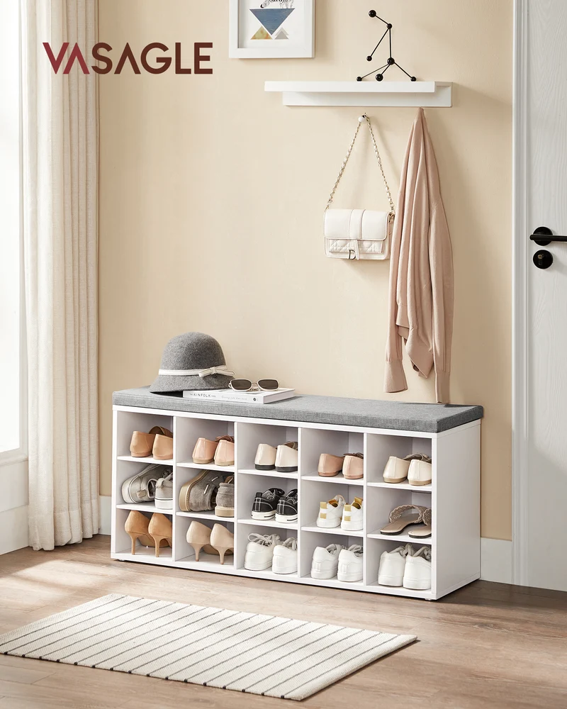 Shoe Rack Bench with Cushion 15 Compartments Storage Bench Shoe Bench for Entryway, 11.8 x 41.3 x 18.9 Inches