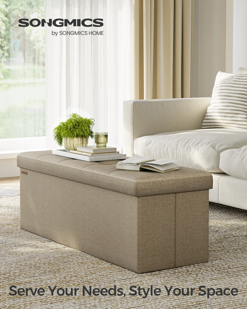 SONGMICS Storage Ottoman Bench, 15 x 43 x 15 Inches, Ottoman with Storage, End of Bed Bench, for Living Room, Bedroom, Camel Brown