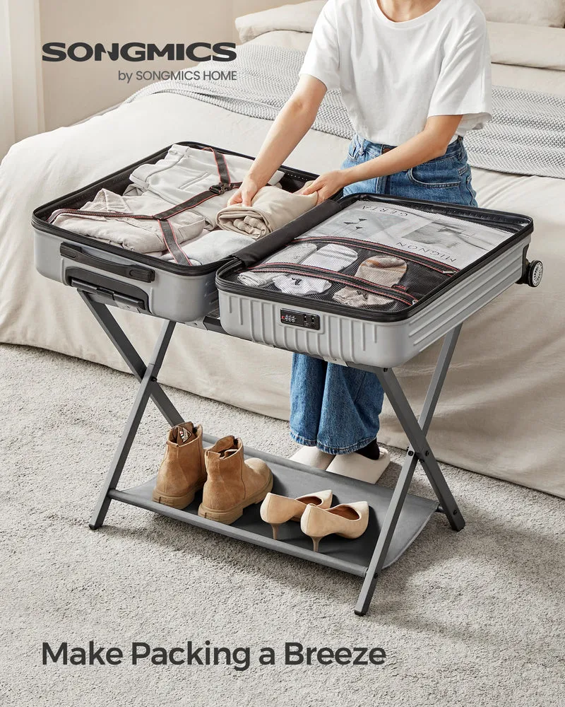 SONGMICS Luggage Rack with Fabric Storage Shelf Folding Suitcase Stand for Guest Room Bedroom Slate Gray
