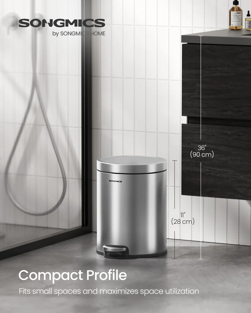 1.6 Gallon Bathroom Trash Can, Small Stainless Steel Garbage Bin with Soft-Close Lid & Pedal, Inner Bucket for Toilet Bedroom, Metallic Silver