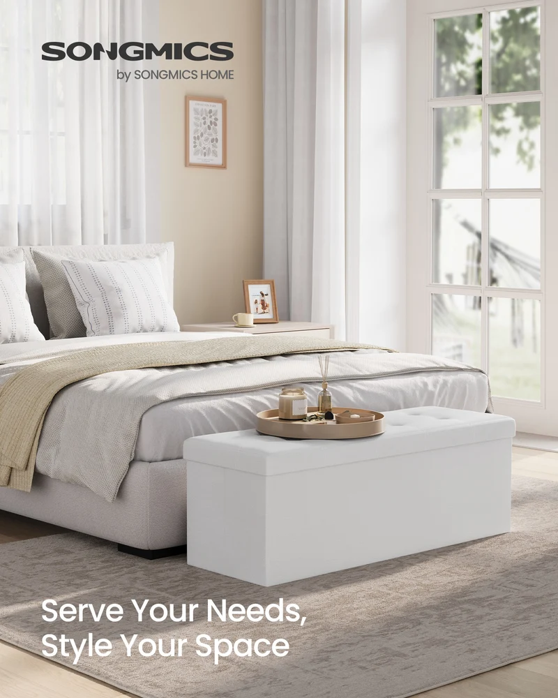 SONGMICS 43" Storage Ottoman Bench Folding Ottoman with Storage Hold up to 660lb for Living Room Bedroom White