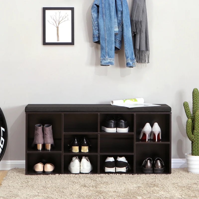 Shoe Bench with Cushion Storage Bench with 10 Compartments Adjustable Shelves Entryway Organizer for Bedroom Espresso and Brown 11.8 x 40.9 x 18.9 Inches