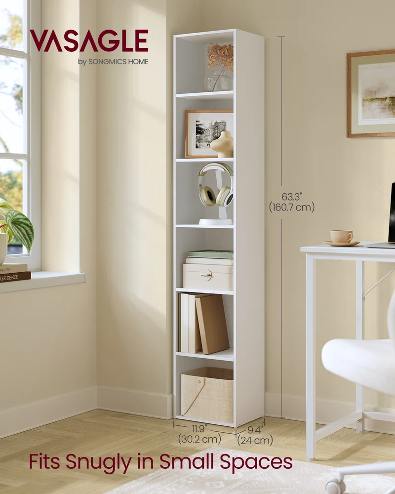 6 - Tier Open Bookshelf. Measuring 9.4 x 11.9 x 63.3 inches. Ideal for living rooms, home offices, or dining rooms.