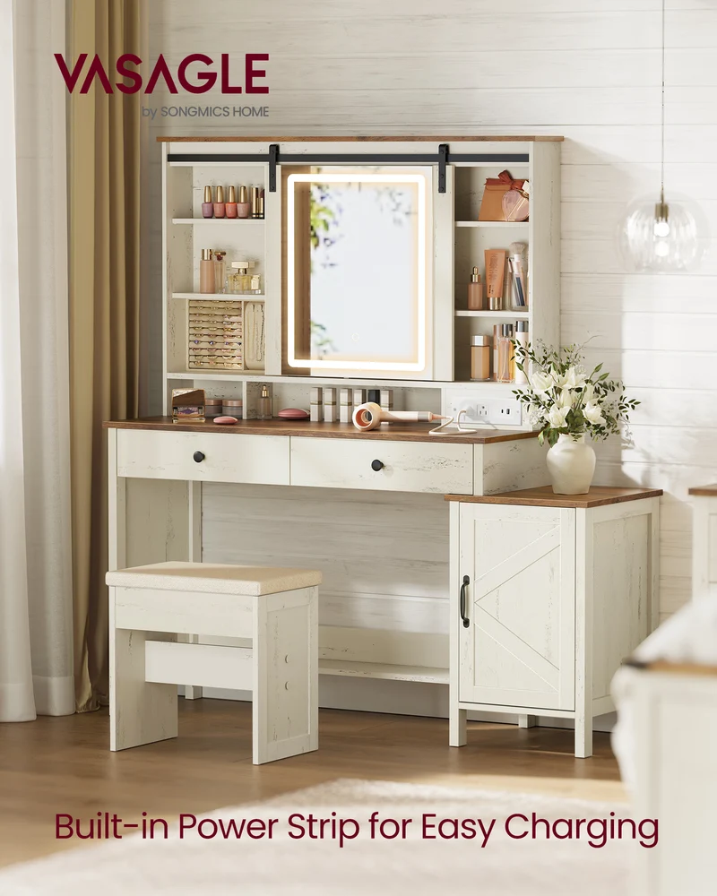 Farmhouse Vanity Desk with Sliding Mirror and Charging Station, 39.4 Inch Makeup Table with Stool and Jewelry Storage, Rustic White
